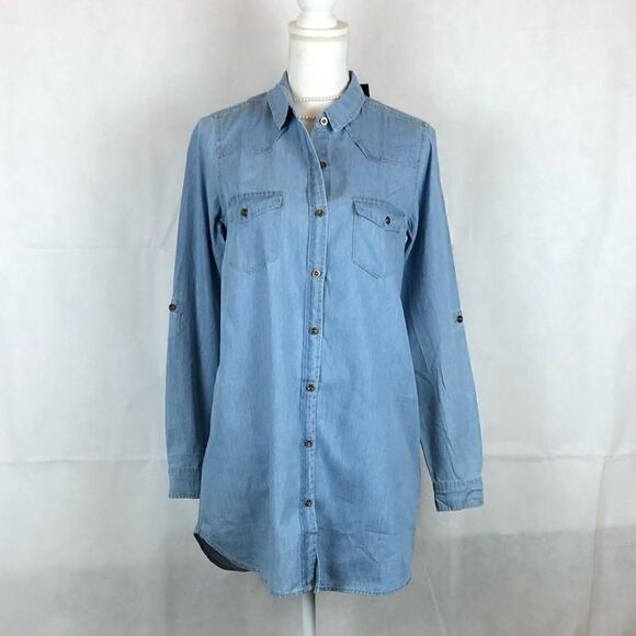 Timing Button Up Denim Collared Top Rollup… - Picture 1 of 8
